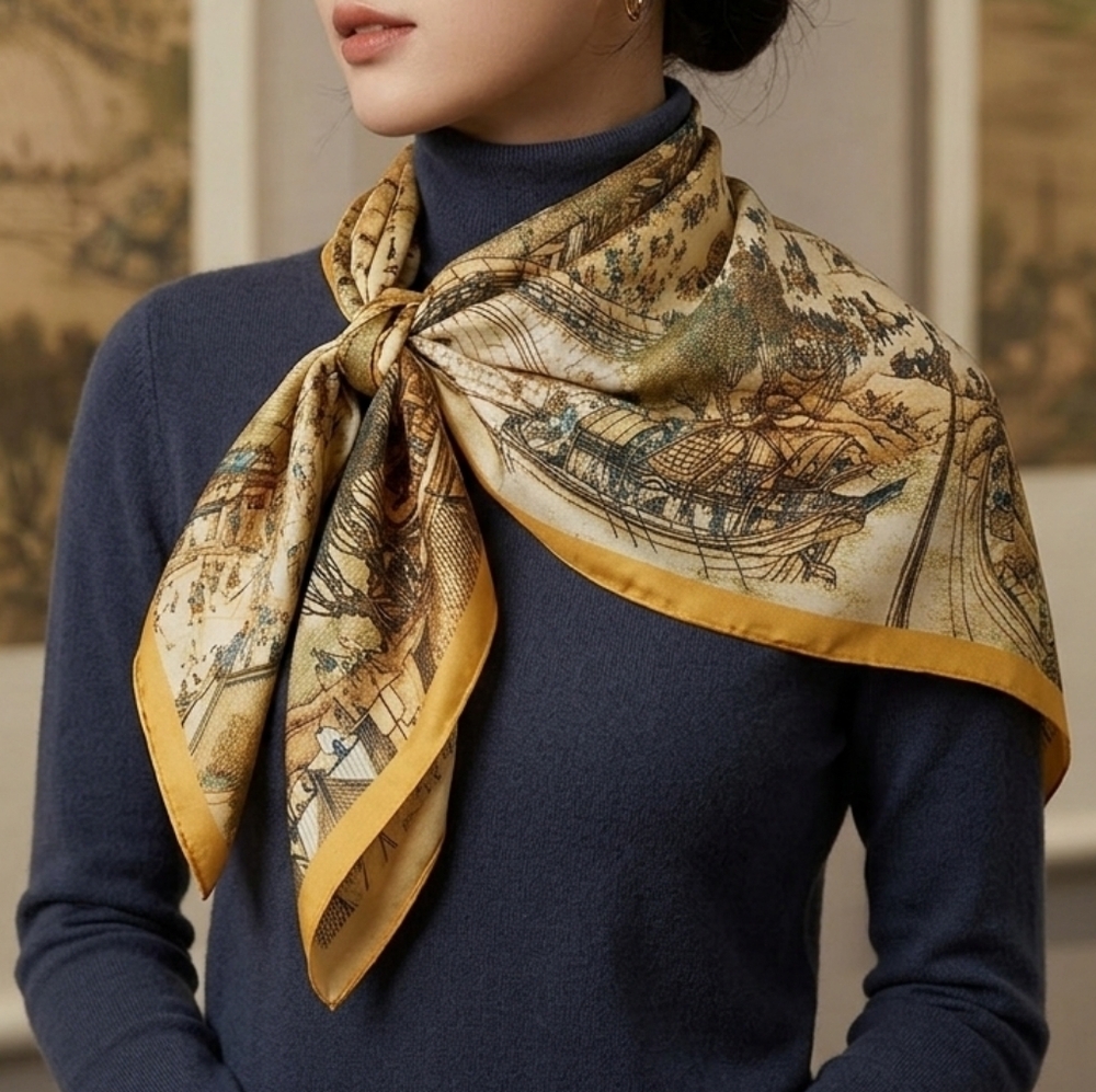 NWT "Along the River During the Qingming Festival" Satin Scarf Head Wrap 35"